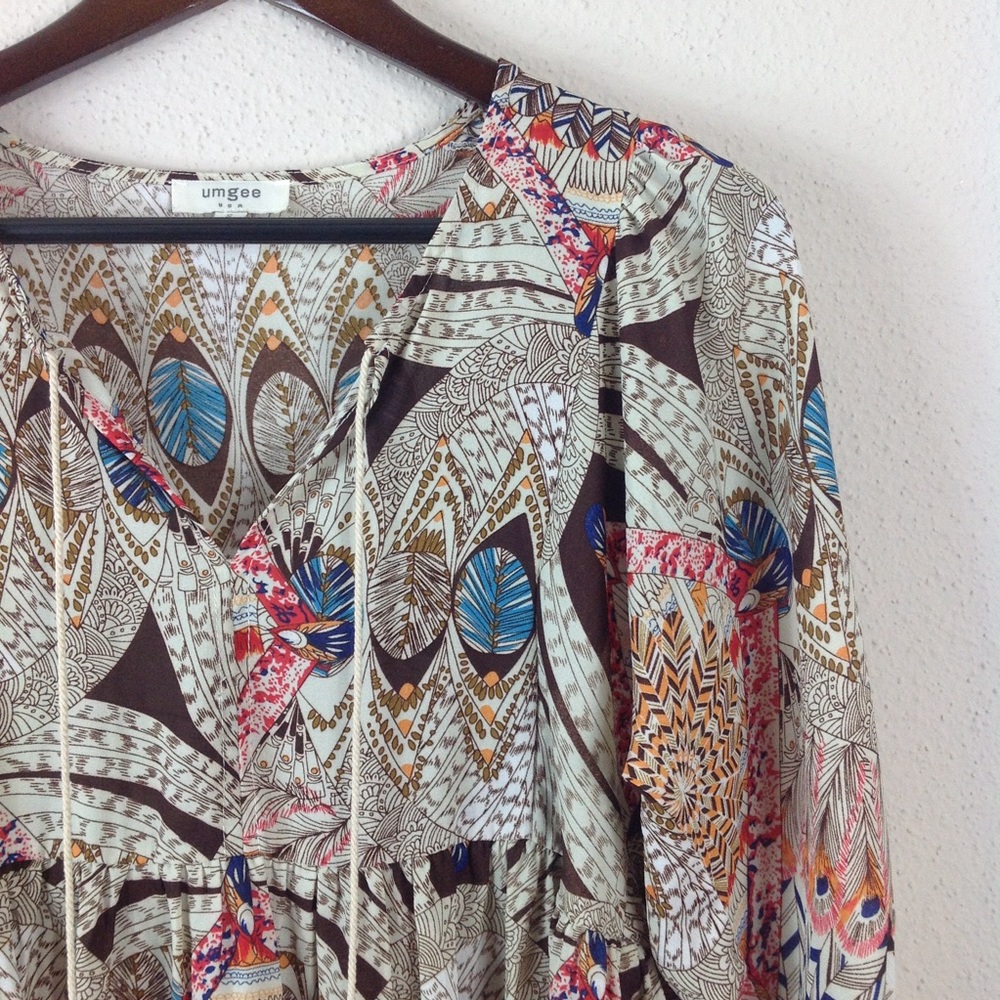 Umgee Feather Print Tassel Pullover Dress